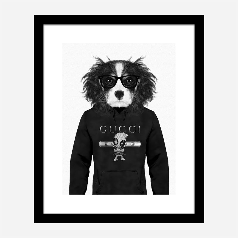 King Charles Spaniel in Gucci Hoodie Black and White Art Print