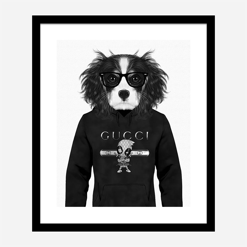 King Charles Spaniel in Gucci Hoodie Black and White Art Print