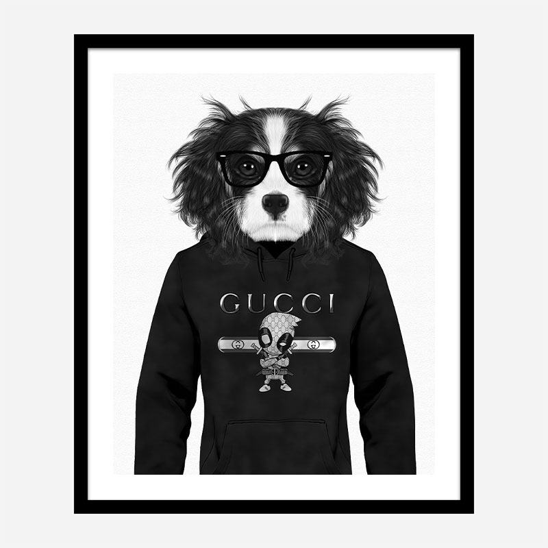 King Charles Spaniel in Gucci Hoodie Black and White Art Print