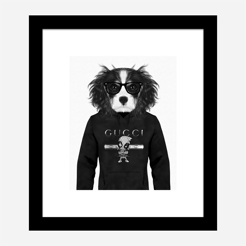 King Charles Spaniel in Gucci Hoodie Black and White Art Print King Charles Spaniel in Gucci Hoodie Black and White Art Print
