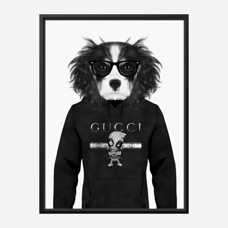 King Charles Spaniel in Gucci Hoodie Black and White Art Print