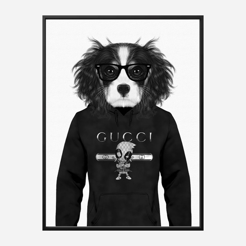 King Charles Spaniel in Gucci Hoodie Black and White Art Print