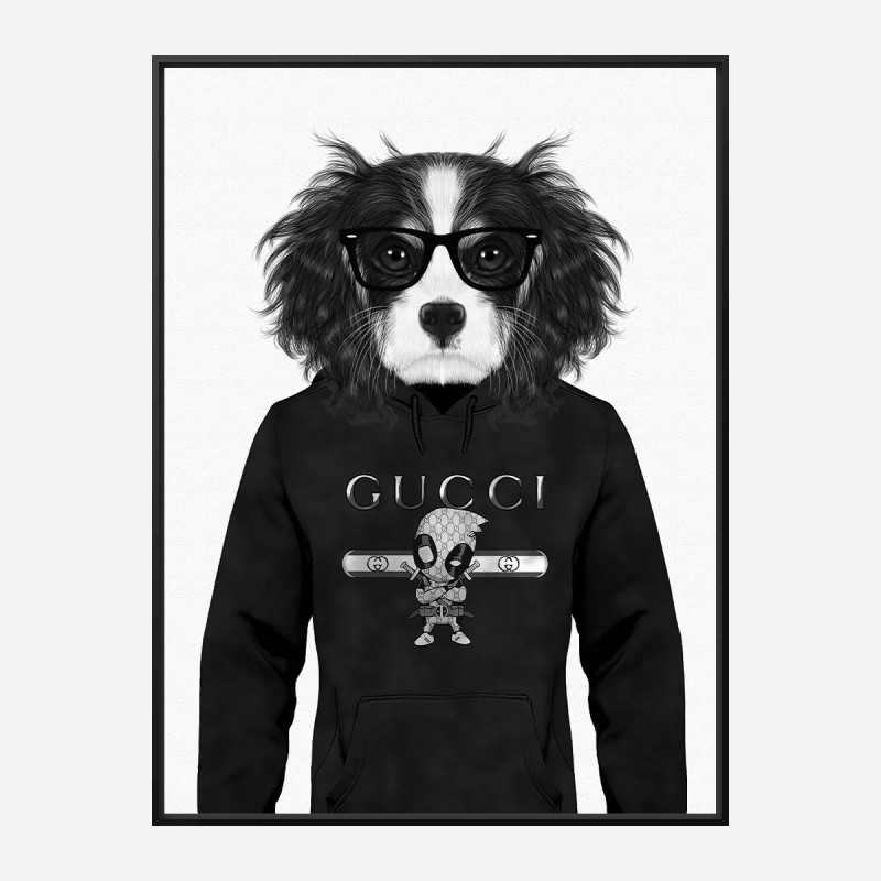 King Charles Spaniel in Gucci Hoodie Black and White Art Print