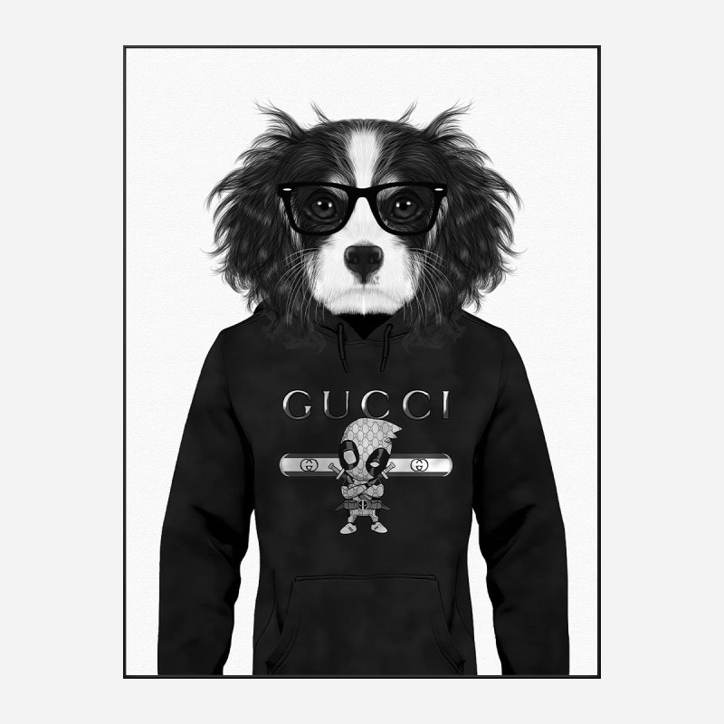 King Charles Spaniel in Gucci Hoodie Black and White Art Print