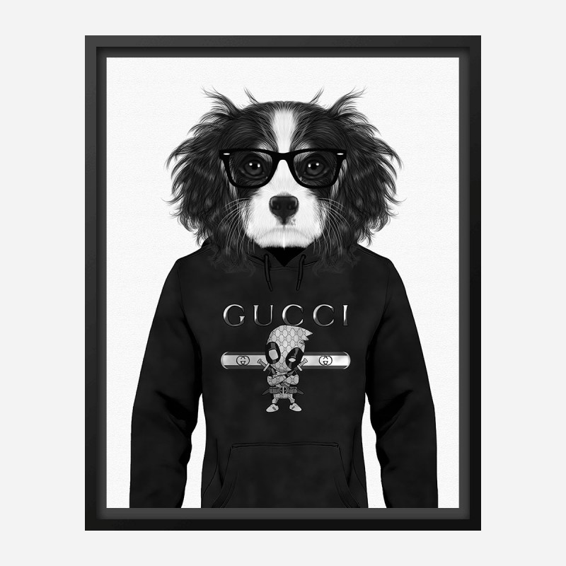 King Charles Spaniel in Gucci Hoodie Black and White Art Print