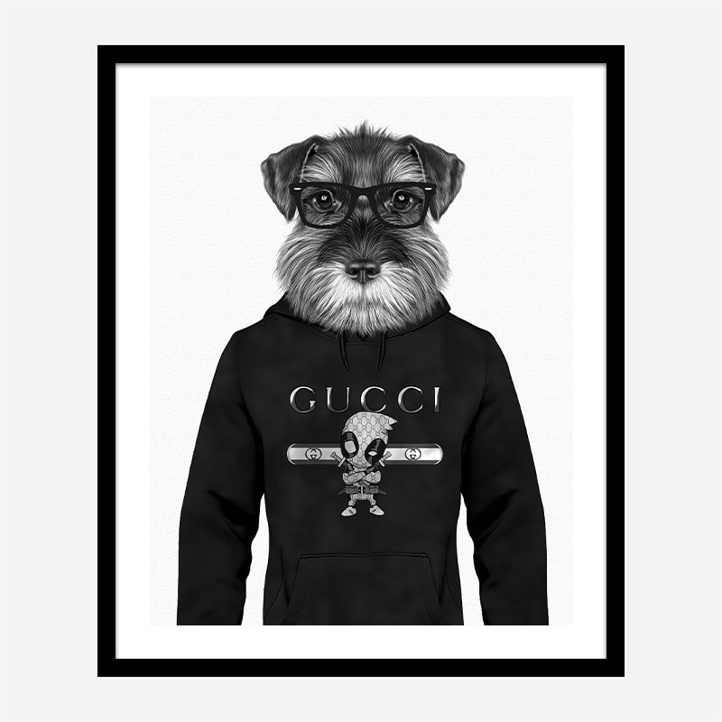 Schnauzer Dog in a Gucci Hoodie Black and White Art Print