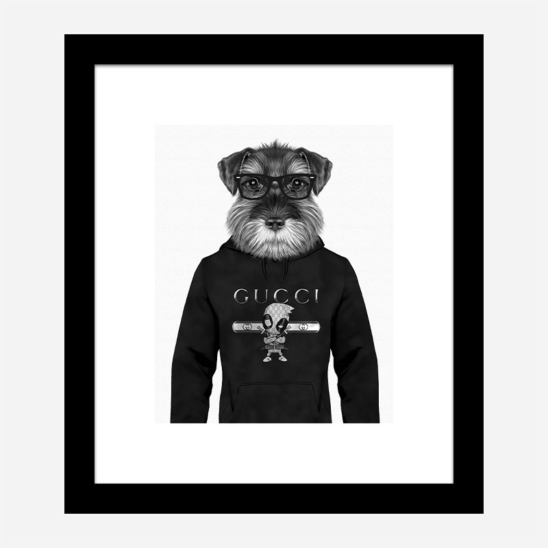 Schnauzer Dog in a Gucci Hoodie Black and White Art Print