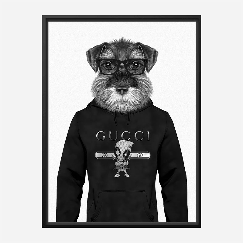 Schnauzer Dog in a Gucci Hoodie Black and White Art Print