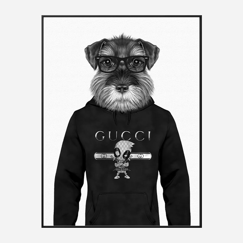 Schnauzer Dog in a Gucci Hoodie Black and White Art Print