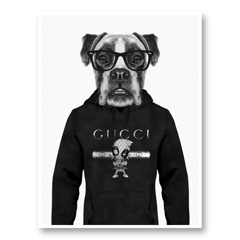 Boxer Dog in a Gucci Hoodie Black and White Art Print