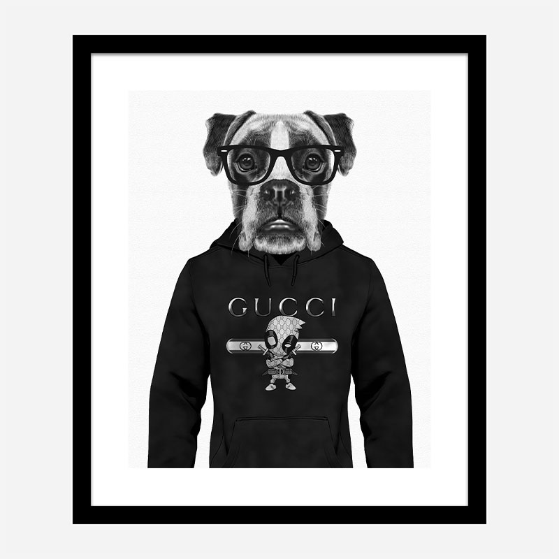 Boxer Dog in a Gucci Hoodie Black and White Art Print
