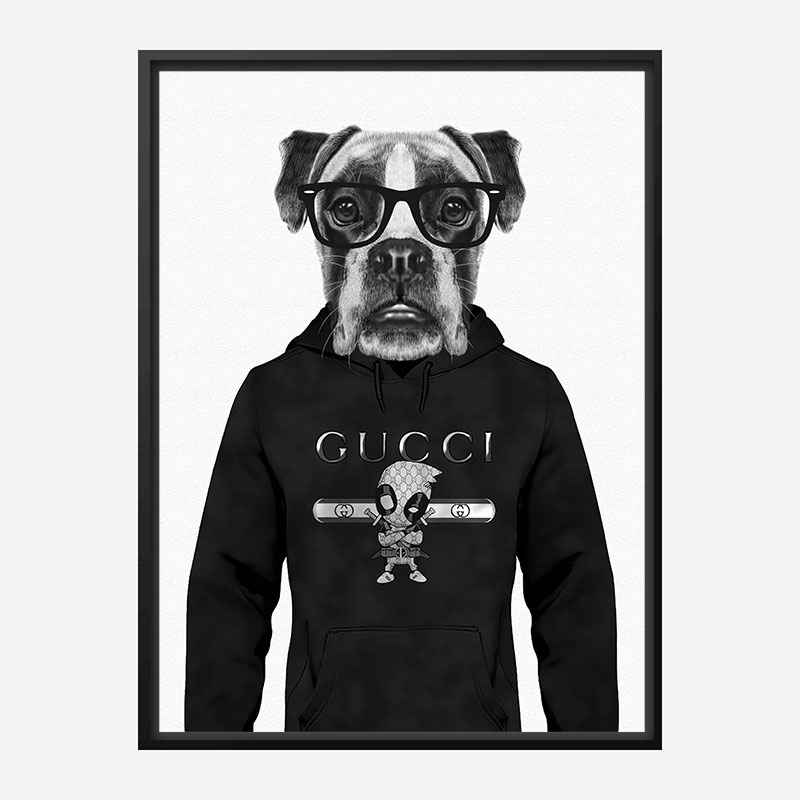 Boxer Dog in a Gucci Hoodie Black and White Art Print