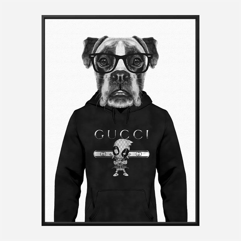 Boxer Dog in a Gucci Hoodie Black and White Art Print