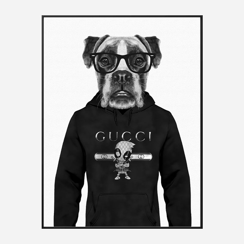 Boxer Dog in a Gucci Hoodie Black and White Art Print