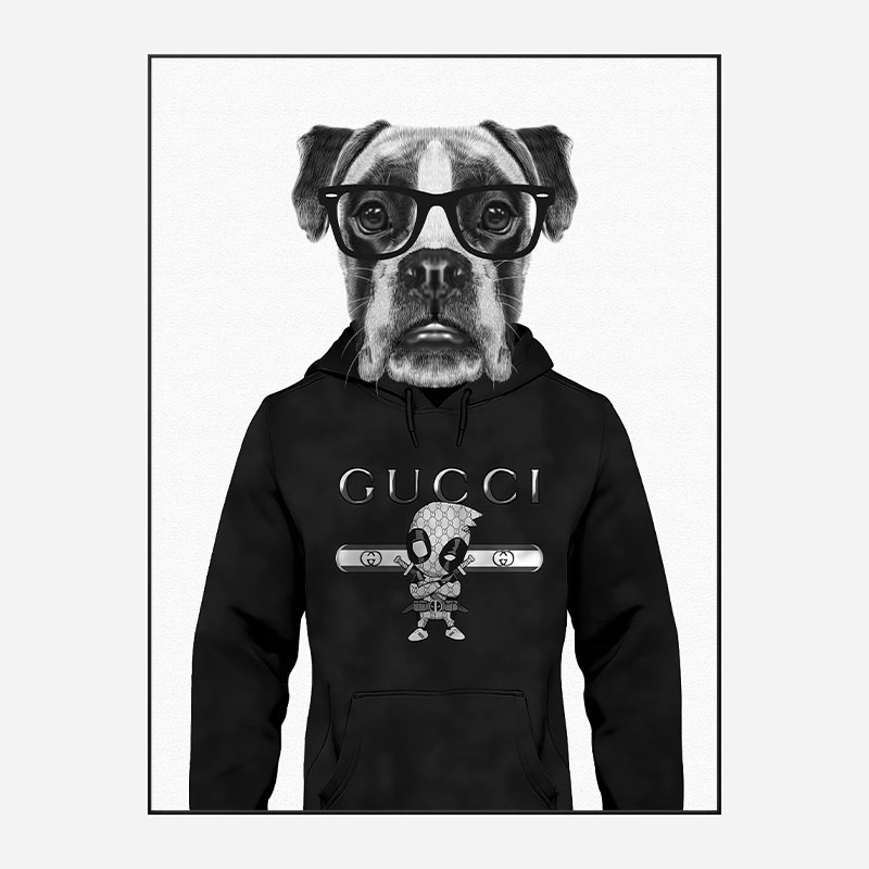 Boxer Dog in a Gucci Hoodie Black and White Art Print