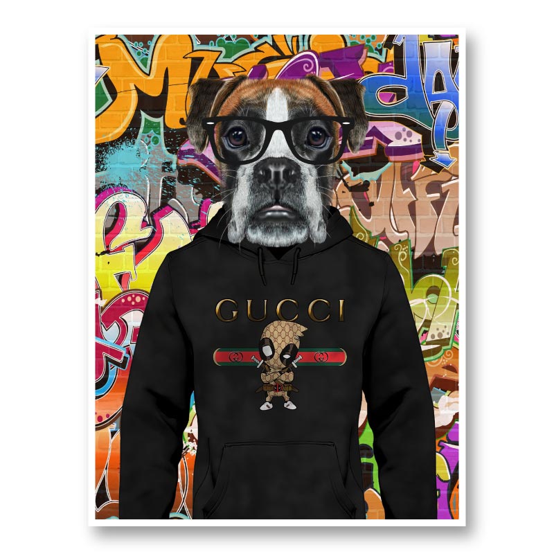 Boxer Dog in a Gucci Hoodie Graffiti Art Print