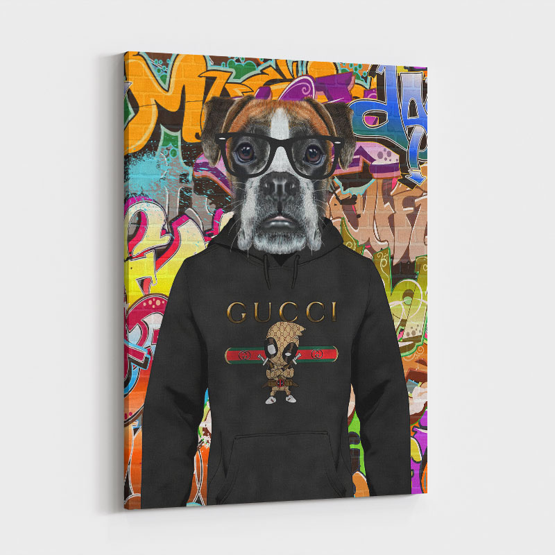 Boxer Dog in a Gucci Hoodie Graffiti Art Print