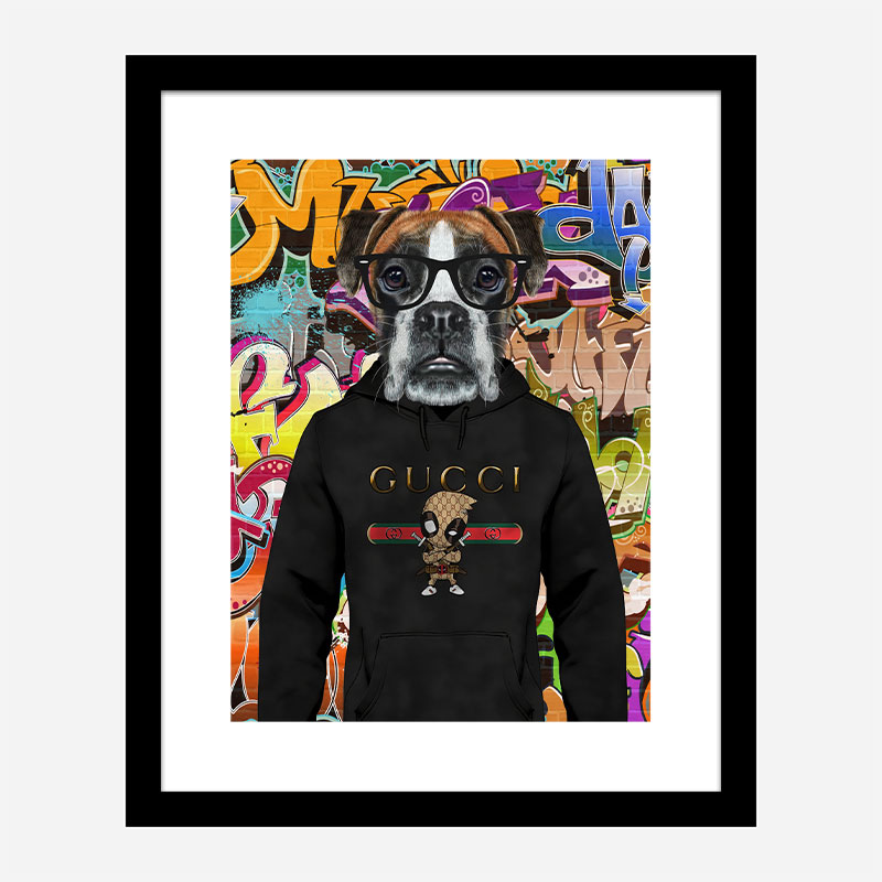 Boxer Dog in a Gucci Hoodie Graffiti Art Print