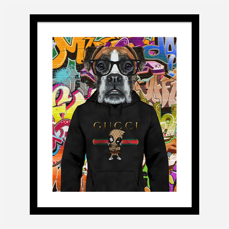 Boxer Dog in a Gucci Hoodie Graffiti Art Print