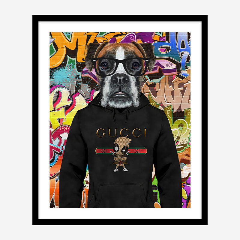 Boxer Dog in a Gucci Hoodie Graffiti Art Print