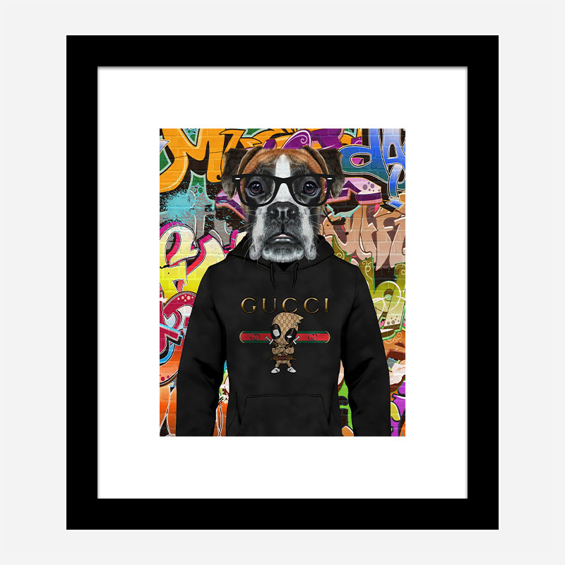 Boxer Dog in a Gucci Hoodie Graffiti Art Print