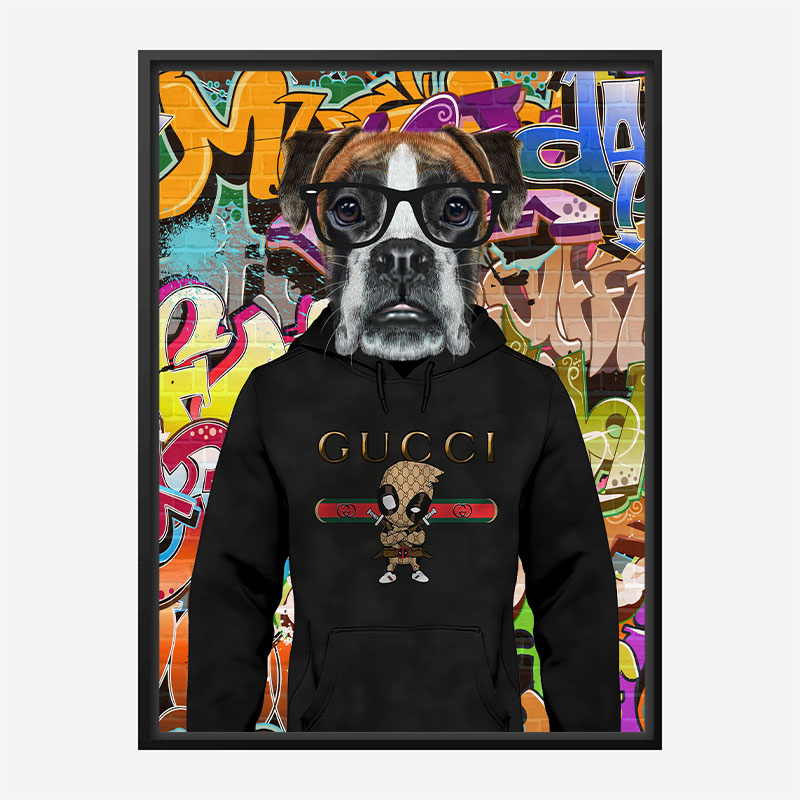 Boxer Dog in a Gucci Hoodie Graffiti Art Print