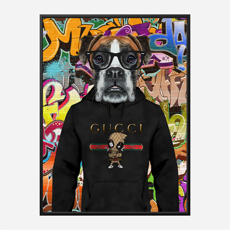 Boxer Dog in a Gucci Hoodie Graffiti Art Print