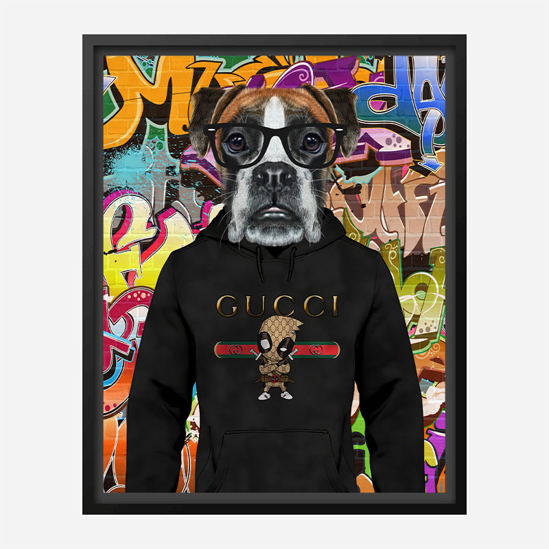 Boxer Dog in a Gucci Hoodie Graffiti Art Print