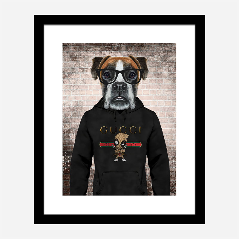 Boxer Dog in a Gucci Hoodie Art Print