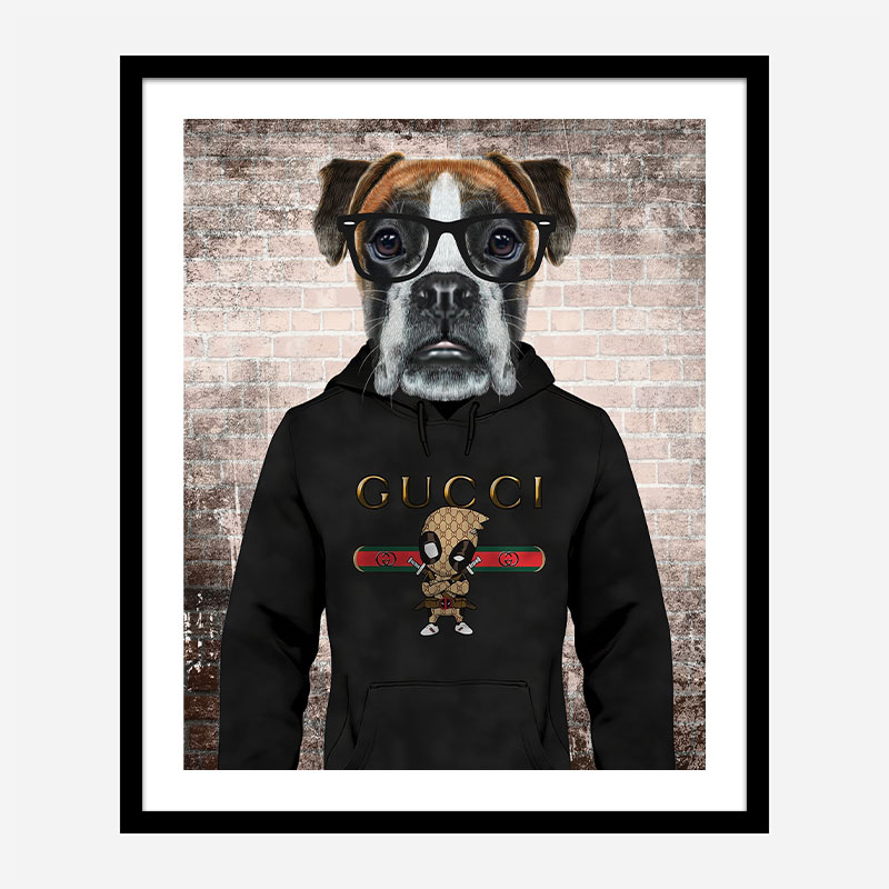 Boxer Dog in a Gucci Hoodie Art Print