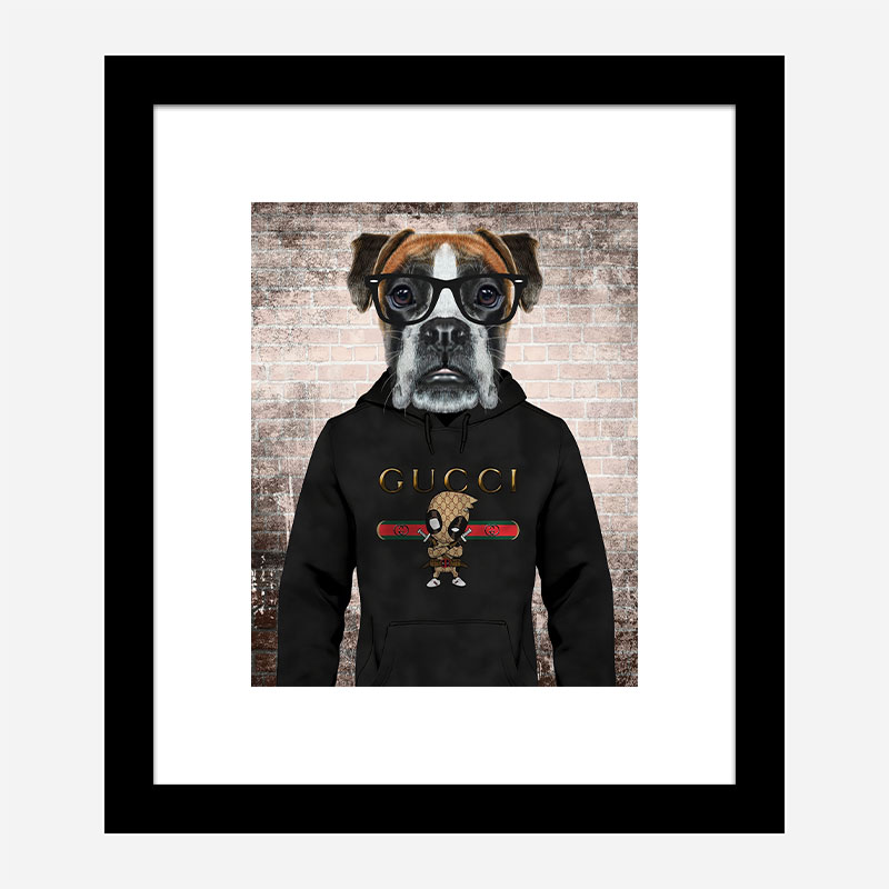 Boxer Dog in a Gucci Hoodie Art Print