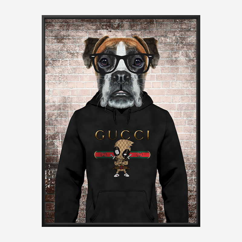 Boxer Dog in a Gucci Hoodie Art Print