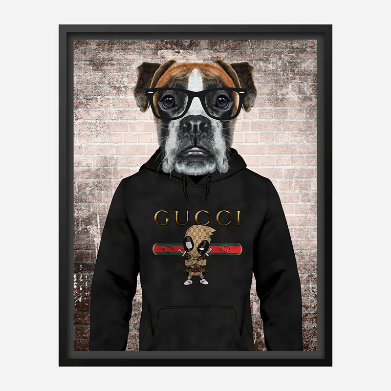 Boxer Dog in a Gucci Hoodie Art Print