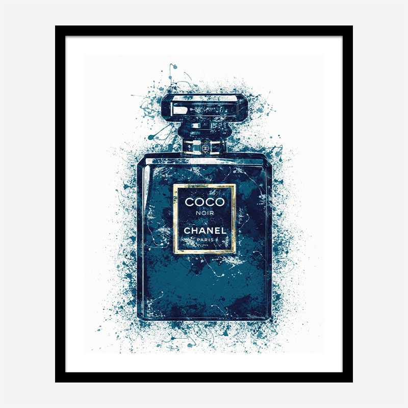 Coco Chanel Dark Blue Floral Perfume Bottle Wall Print