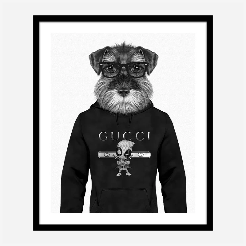 Schnauzer Dog in a Gucci Hoodie Black and White Art Print