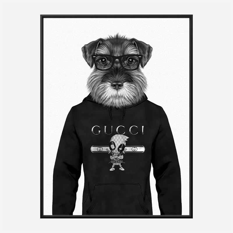 Schnauzer Dog in a Gucci Hoodie Black and White Art Print