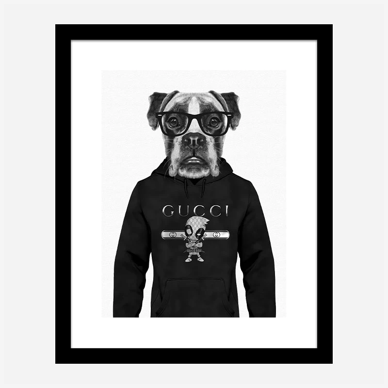 Boxer Dog in a Gucci Hoodie Black and White Art Print