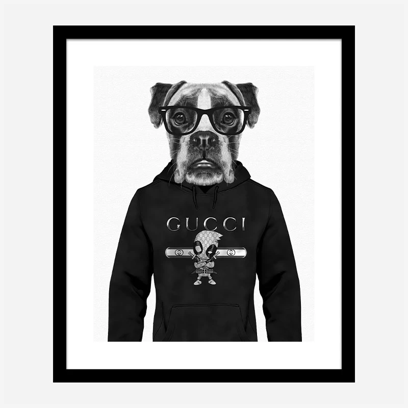 Boxer Dog in a Gucci Hoodie Black and White Art Print