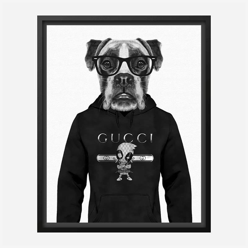 Boxer Dog in a Gucci Hoodie Black and White Art Print