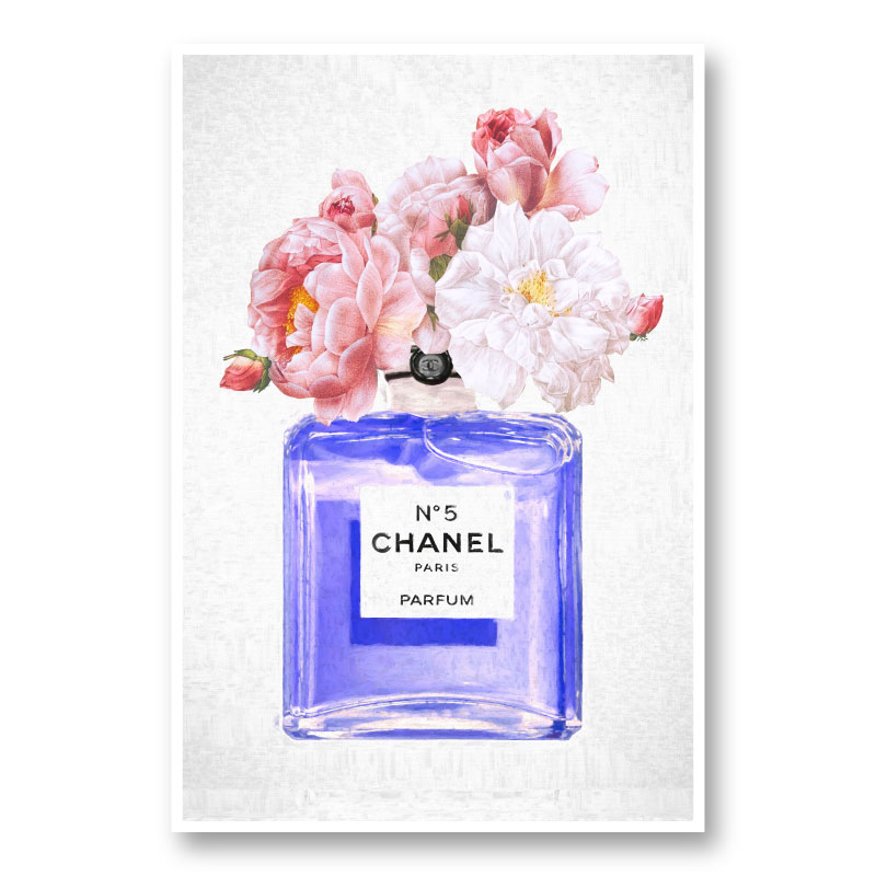 Perfume Chanel Five with Blue Flowers 12 in x 20 in Framed Painting Canvas Art Print, by Designart